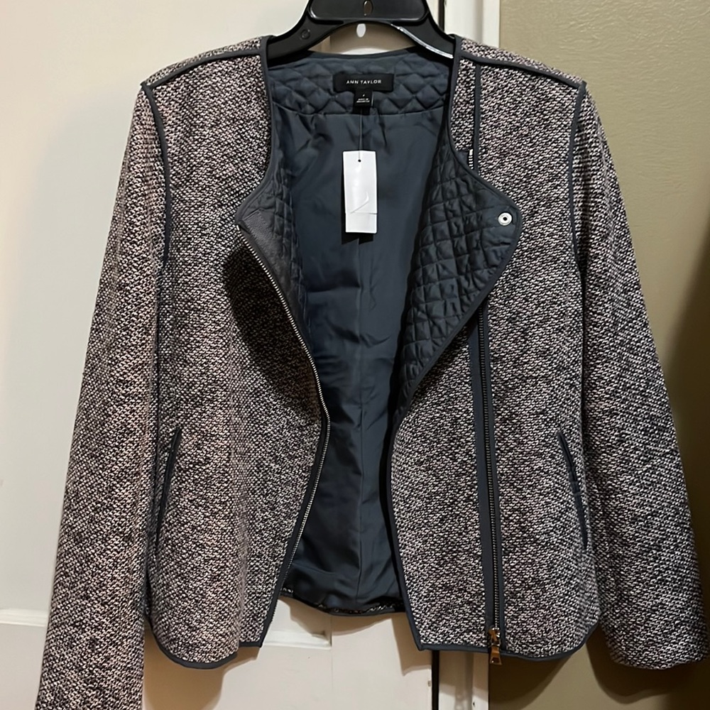 Ann Taylor Jacket Blazer 4 Tweed Career Zip Front